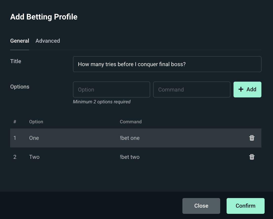 Settings window when you go to add new betting profiles in Cloudbot